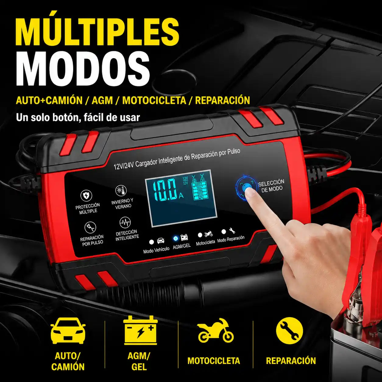 Cargador de Batería Inteligente 12V/24V para Carro, Moto y Camión