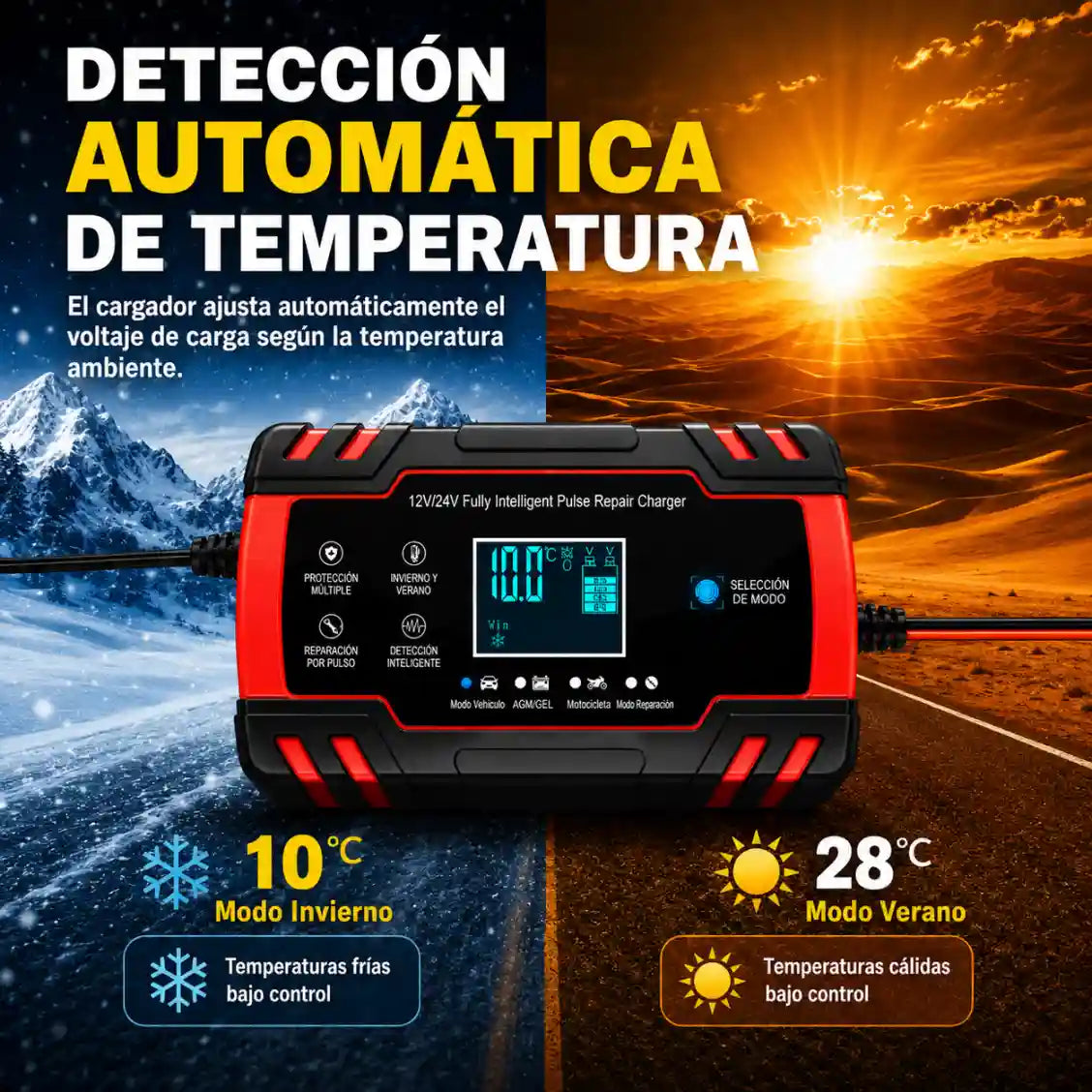 Cargador de Batería Inteligente 12V/24V para Carro, Moto y Camión