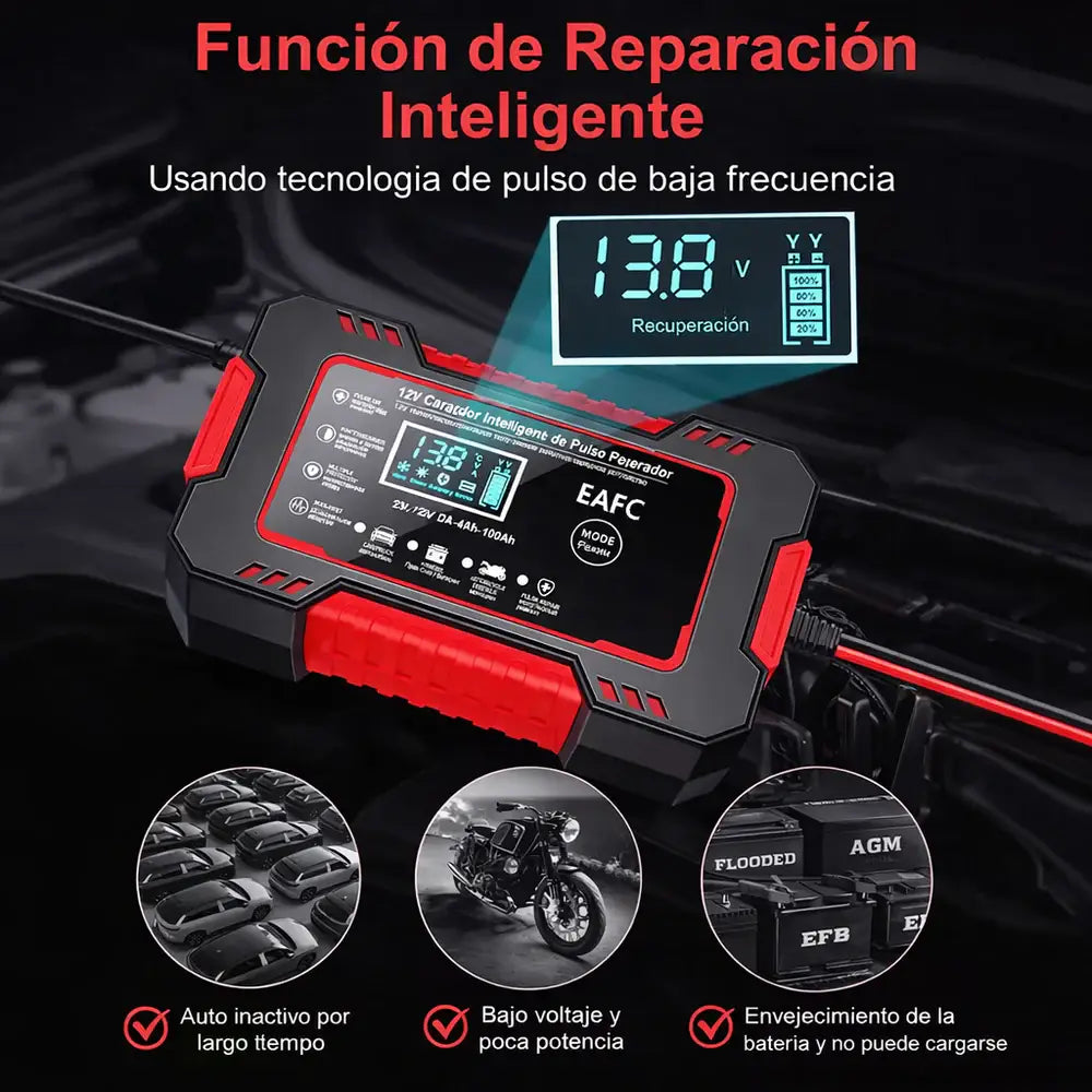 Cargador de Batería Inteligente 12V/24V para Carro, Moto y Camión